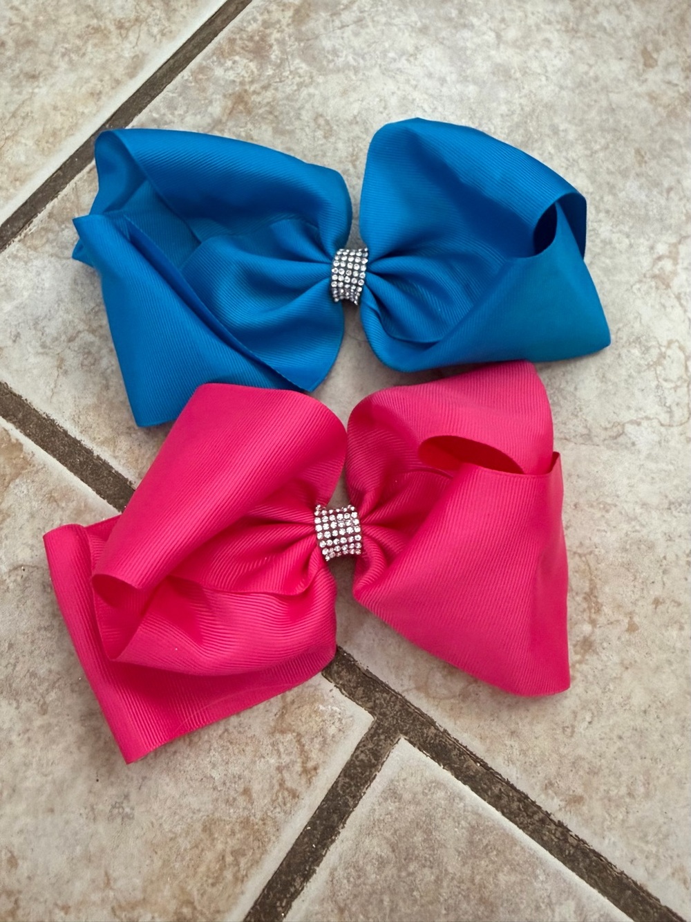 Bright Blue and Hot Pink Rhinestone Center Hair Bows - Set of 2